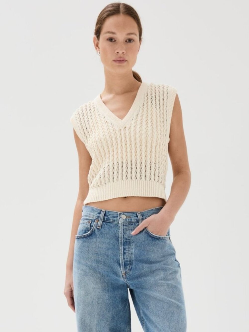 NWT SIMKHAI Dillon Sleeveless Crochet Knit Vest Ivory Medium M V-Neck Top